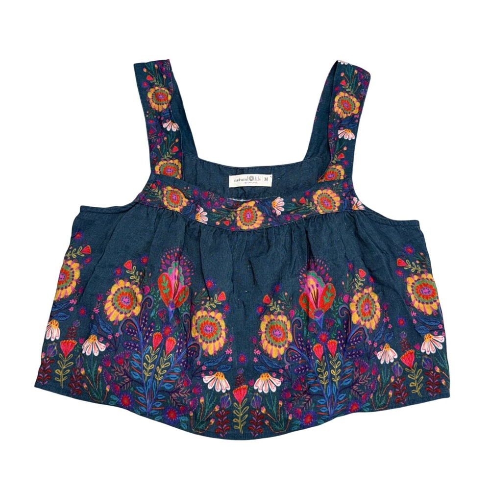 Natural Life Floral Embroidered Crop Top Women Medium Navy Blue Excellent Boho